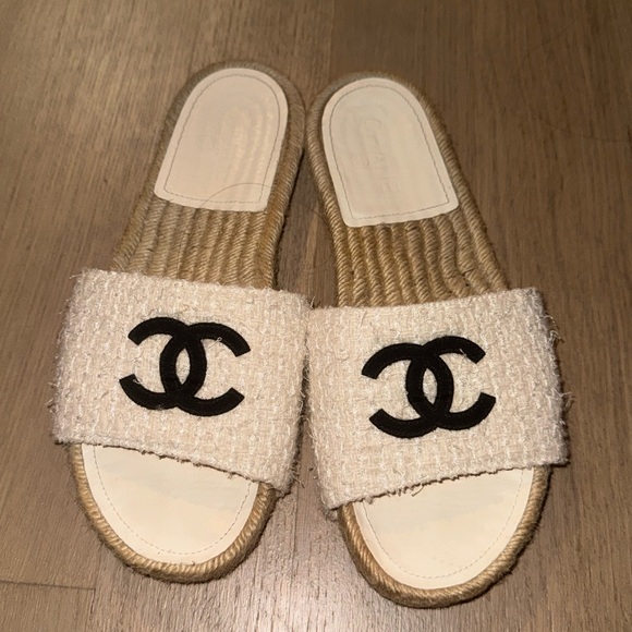 Chanel espadrille slides 39 tweed grosgrain mule - Picture 2 of 9
